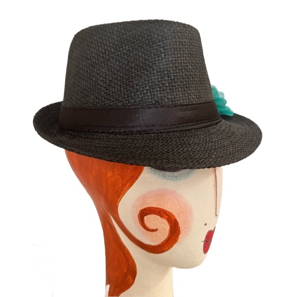 FEDORA ~ Black Fedora with Black Satin Ribbon and Interchangeable Flower Clips - Picture 4 of 6
